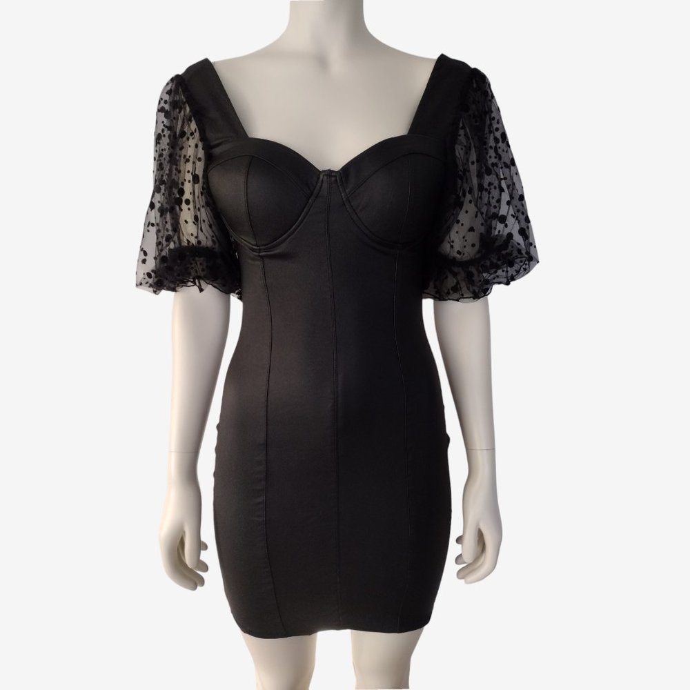 Haute Mode Black Vegan Leather Sheer Sleeve Fitted Mini Bustier Dress S